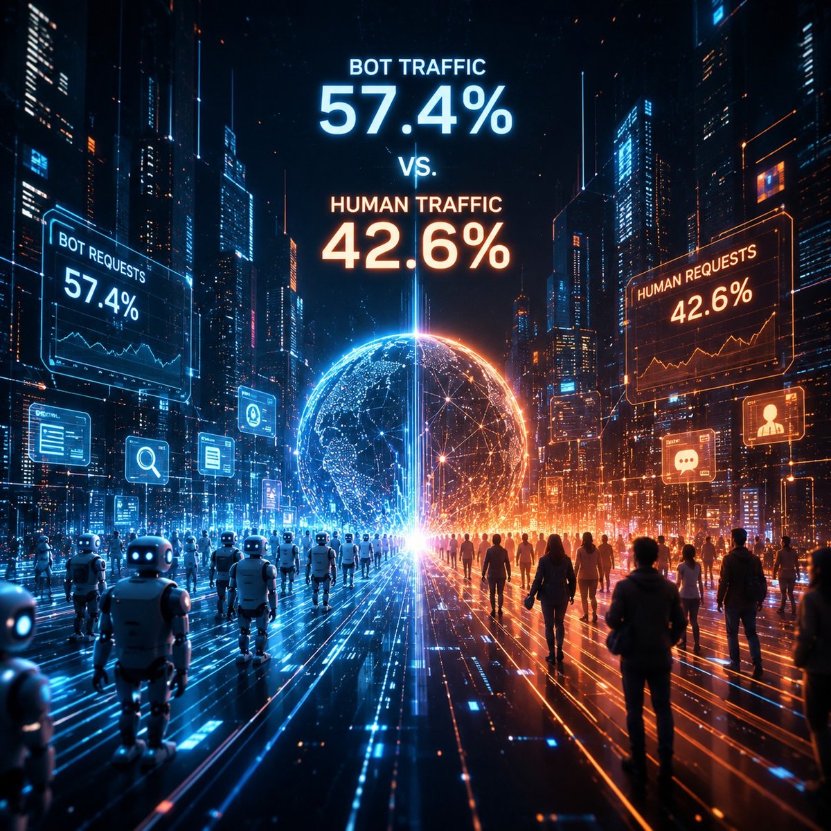 Bot traffic 57.4% versus human traffic 42.6% on the open web