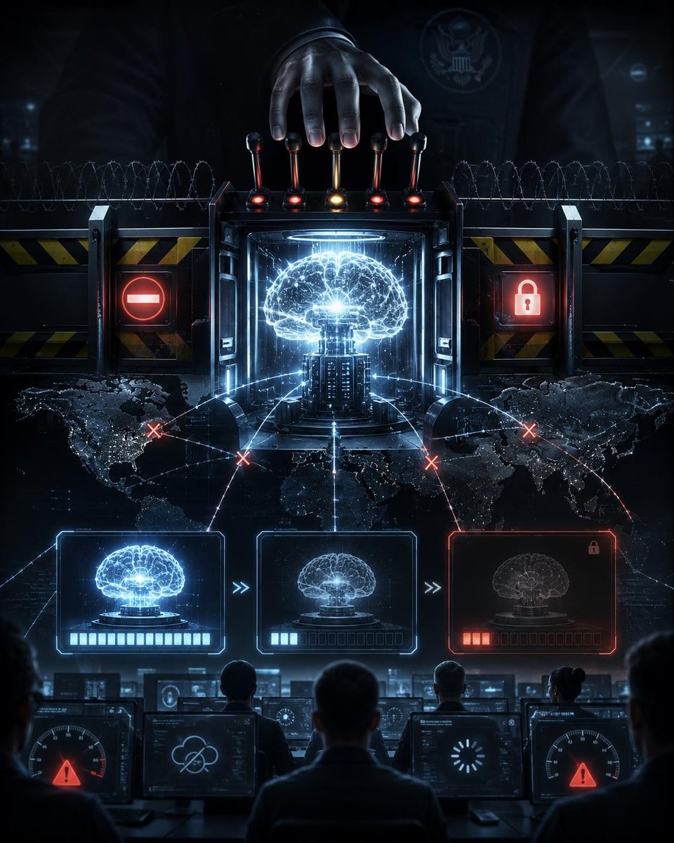 A government hand on a kill switch controlling access to AI models worldwide