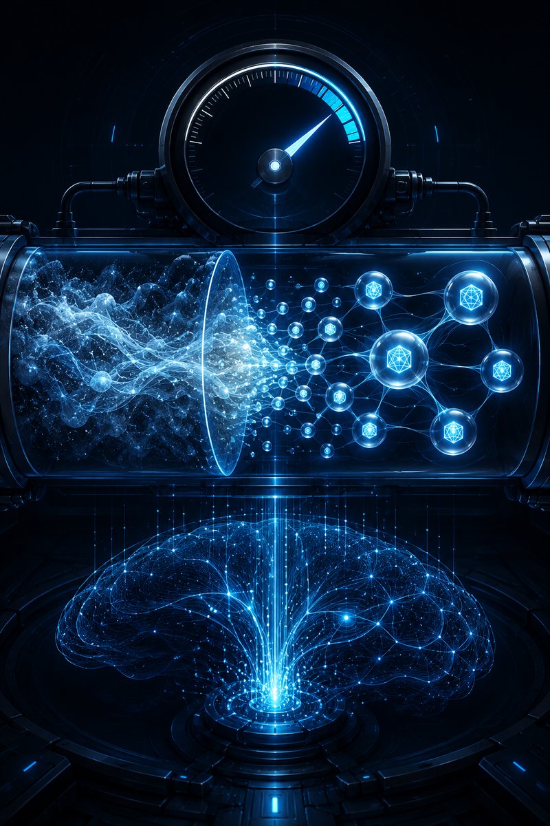 A pressure gauge over a chamber where diffuse light condenses into a few labeled nodes above a glowing brain, illustrating intelligence as compression