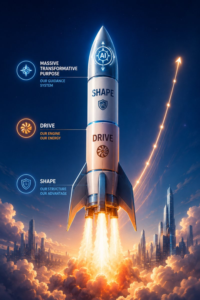 A rocket labeled with Massive Transformative Purpose as guidance, DRIVE as engine, and SHAPE as structure, illustrating the Rocket Ship model of organizational change