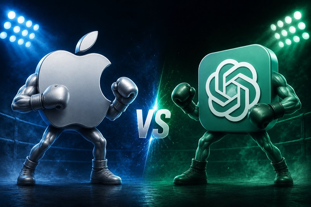 Apple versus OpenAI squaring off in a boxing ring, illustrating this week's trending AI news