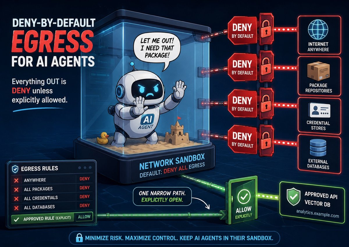 Deny-by-default egress for AI agents: a sandboxed agent with every outbound path denied except one explicitly allowed rule
