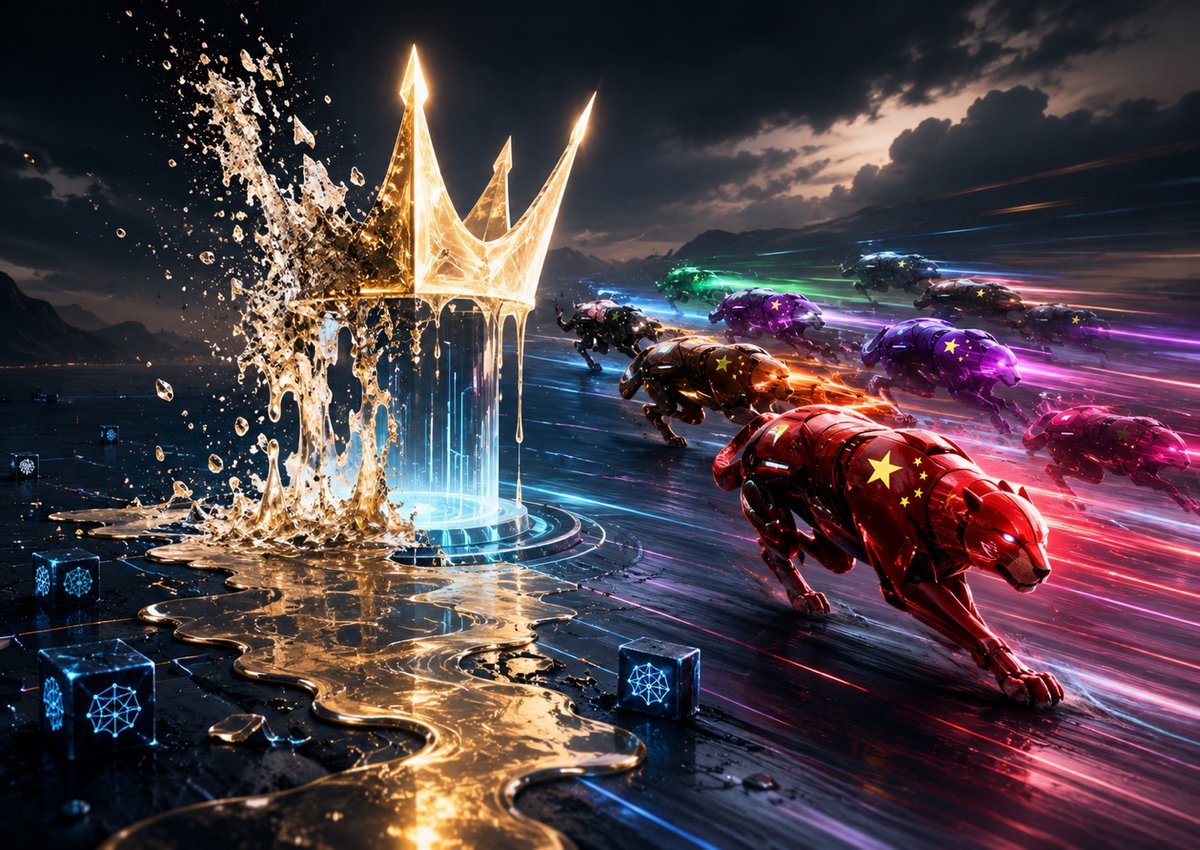 A melting golden crown as open-weight challengers race past, illustrating the frontier model's shrinking shelf life