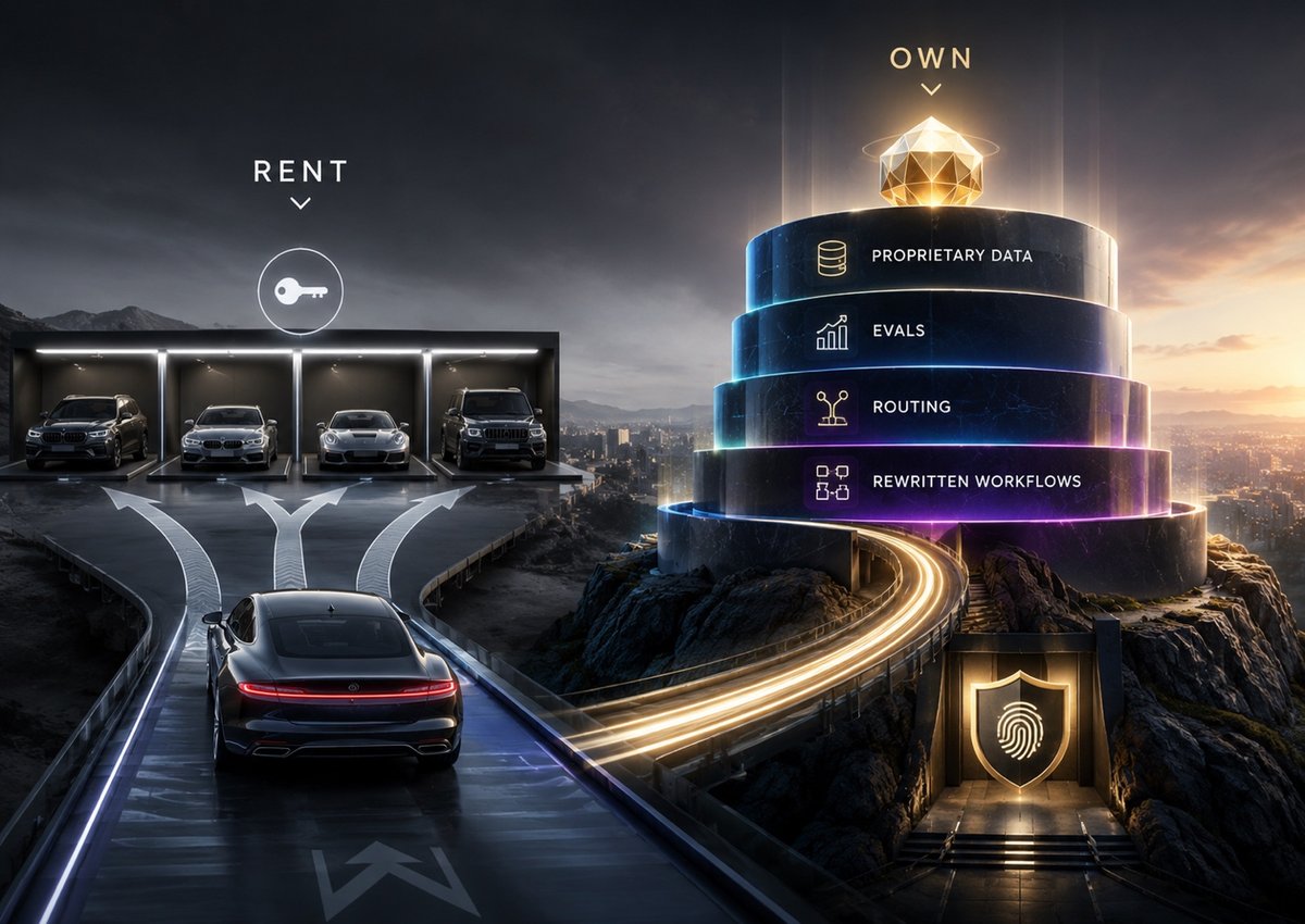 Rent versus own: rental cars on one side and an owned tower of proprietary data, evals, routing, and rewritten workflows on the other
