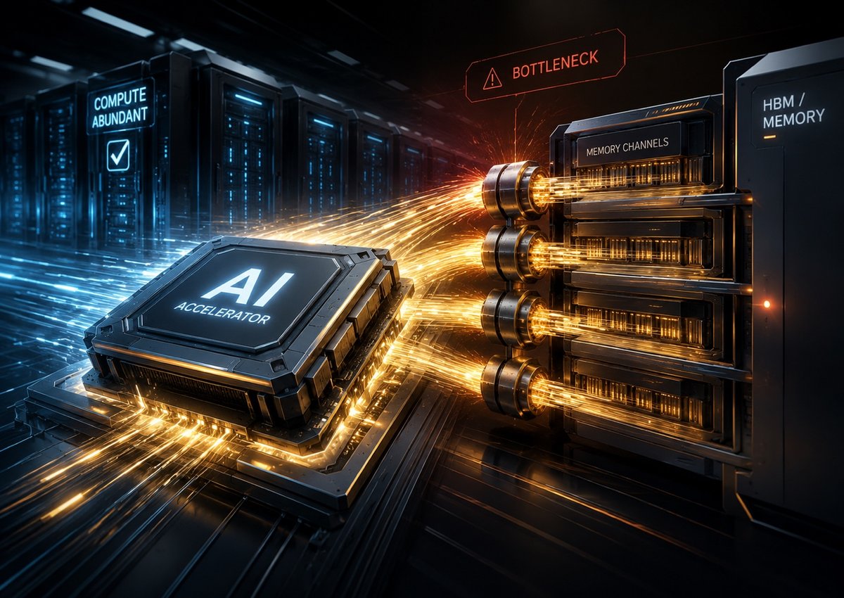 An AI accelerator starved by memory channels, showing the compute bottleneck moving from GPUs to memory bandwidth