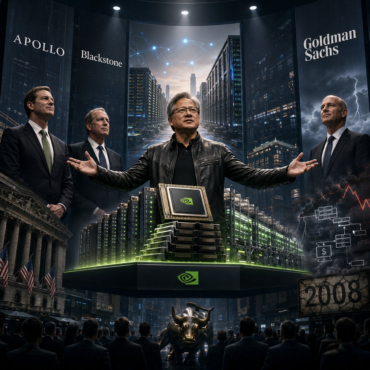 Jensen Huang unveiling AI factory financing flanked by Apollo, Blackstone, and Goldman Sachs, with a 2008 echo in the background