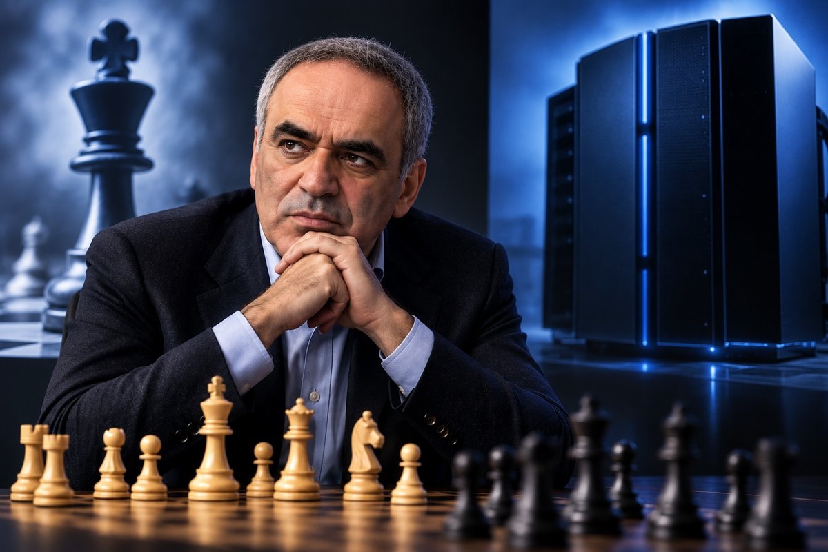 Garry Kasparov at a chessboard beside a server rack