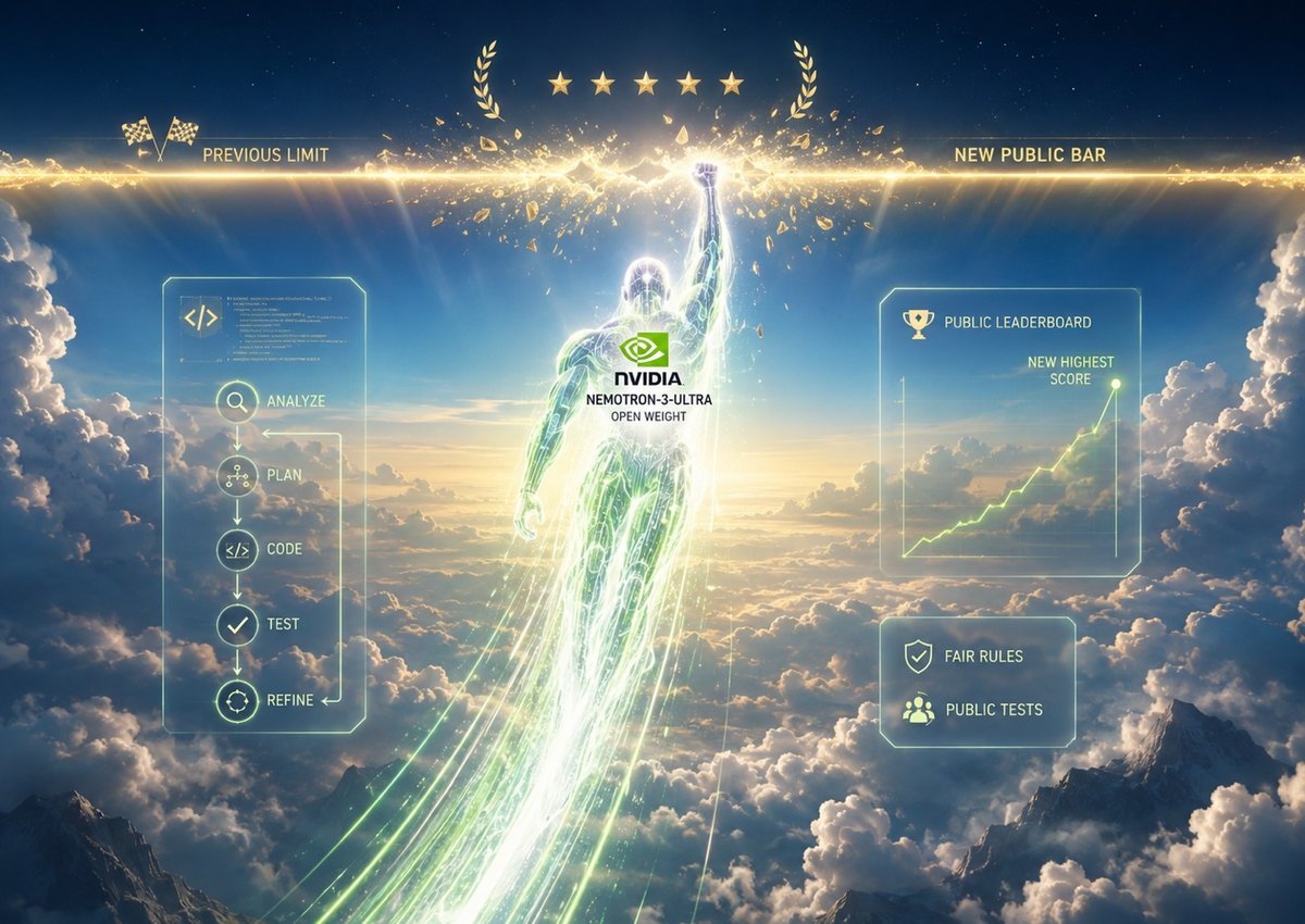 Nvidia's Nemotron-3-Ultra clearing a new public bar at the International Olympiad in Informatics, with an analyze, plan, code, test, refine loop alongside