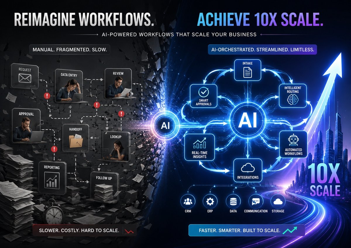Reimagine workflows to achieve 10x scale: a manual, fragmented process on one side and an AI-orchestrated workflow on the other