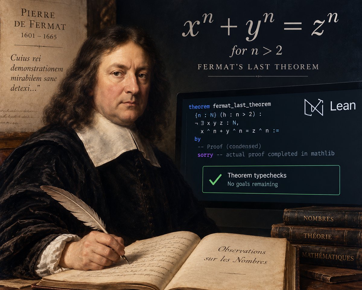 Pierre de Fermat beside a screen showing his Last Theorem typechecking in Lean