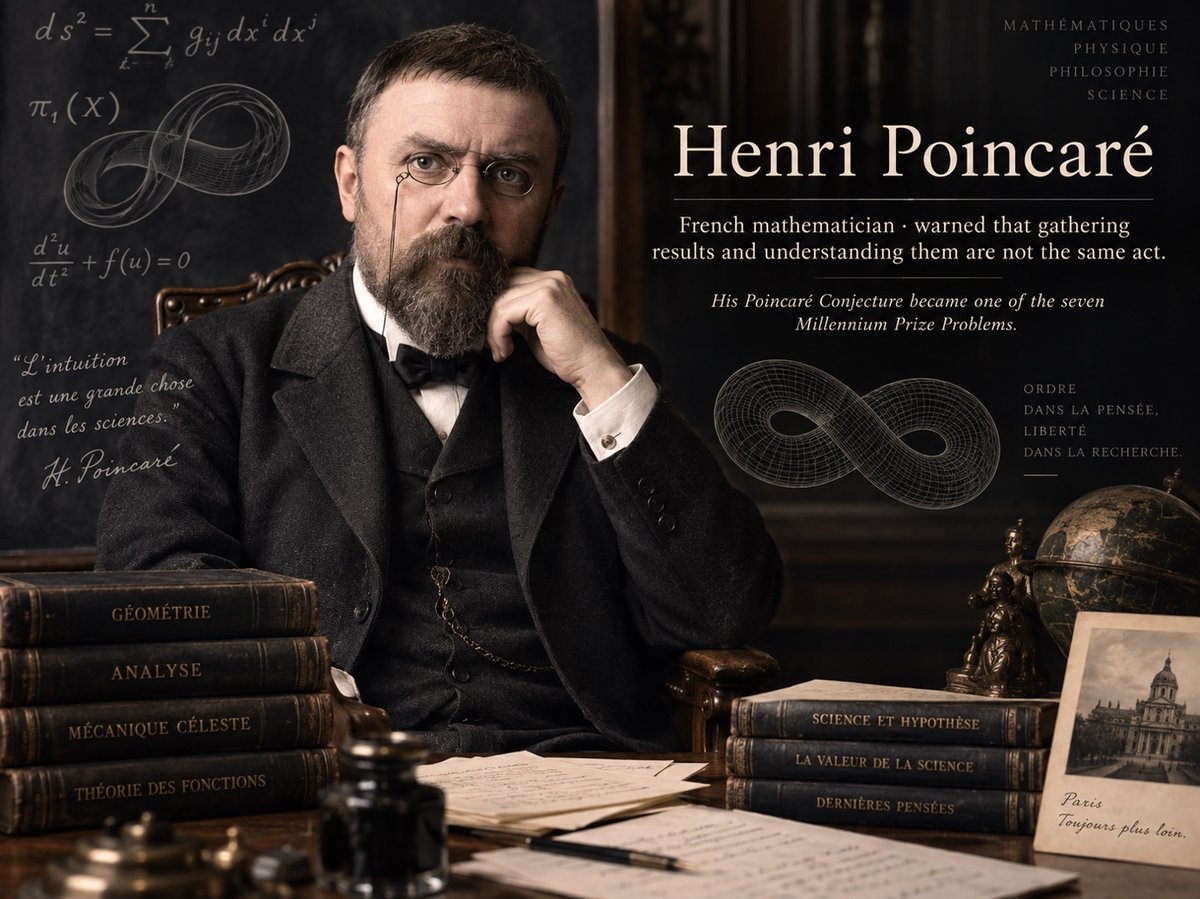 Henri Poincare at his desk surrounded by mathematics texts