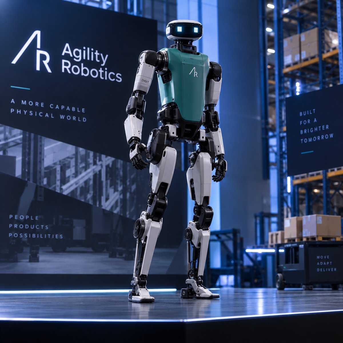 The Agility Robotics humanoid standing on a warehouse floor