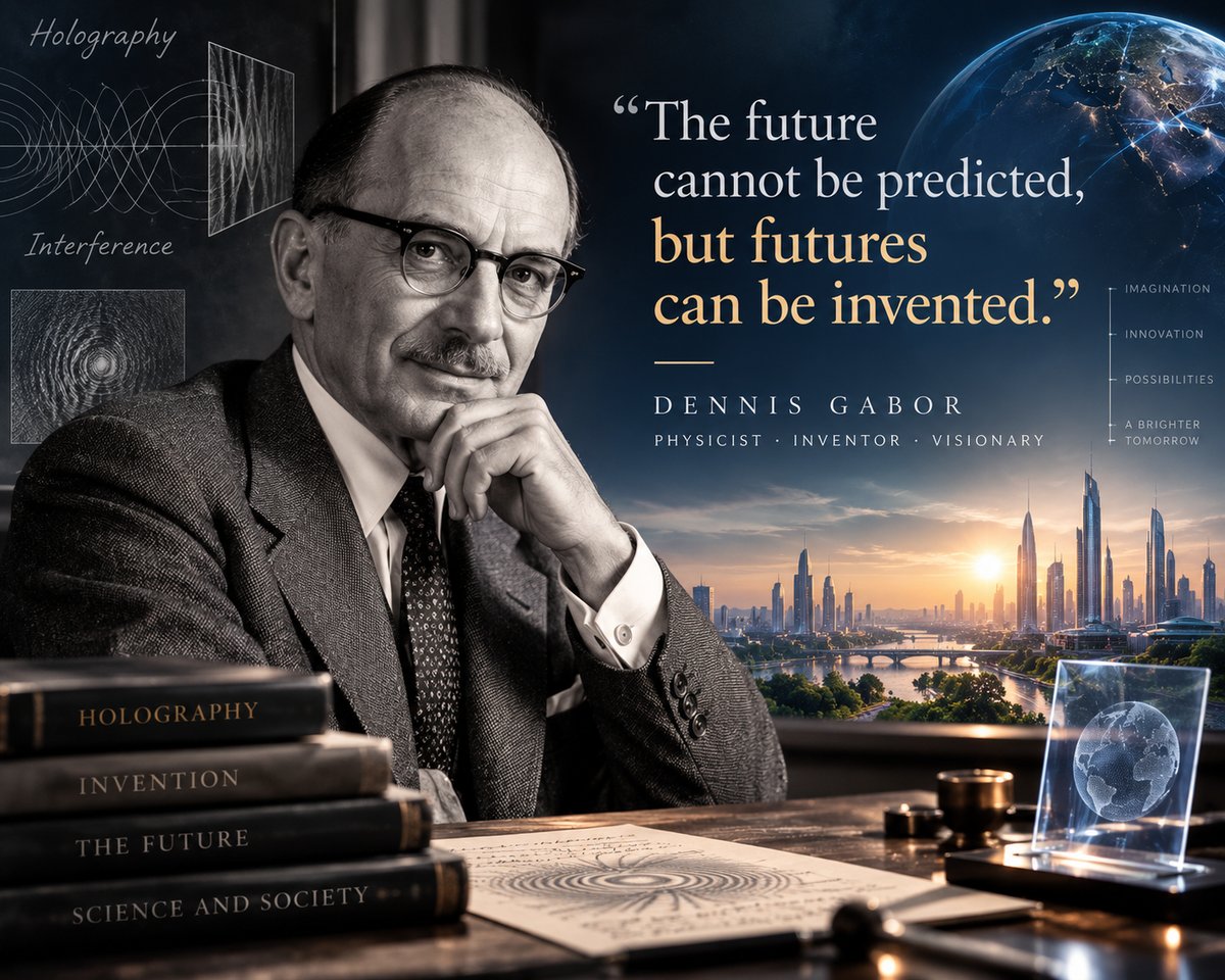 Dennis Gabor at his desk beside his line that the future cannot be predicted, but futures can be invented